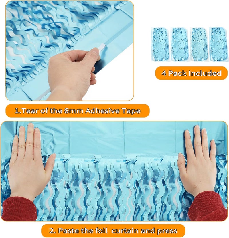 KEEUH 4 Pack Wavy Blue Foil Fringe Curtain 3.3x6.6 Feet | Blue Streamers Tinsel Backdrop for Under The Sea Party Decorations | Ocean Backdrop | Mermaid Birthday Decorations - Image 5
